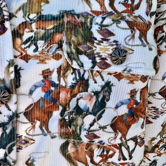 Fall Cowgirl Button Up Shirt, Western Fall Cowboy Print Corduroy Shirt Jacket - Picture 4 of 7